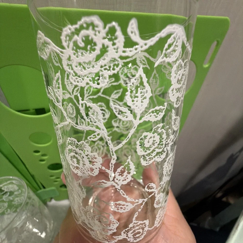 Vtg MCM Libbey 12 Oz Glass Tumbler Embossed White Rose Floral Pattern Set Of 7